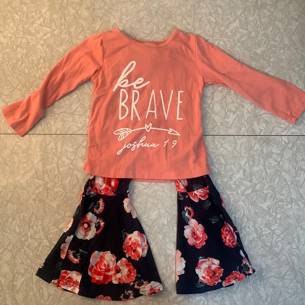 Girls Size 5 Be Brave Top with Floral Bell Bottoms